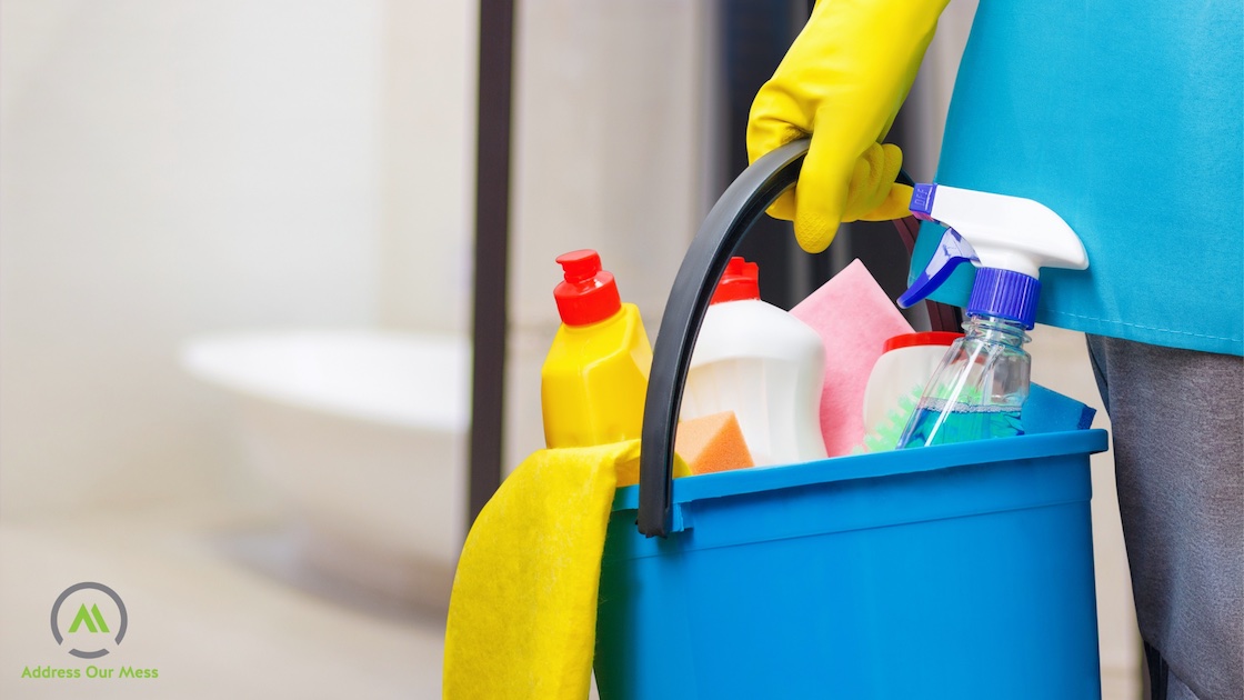 Cleaning supplies in a bucket banner